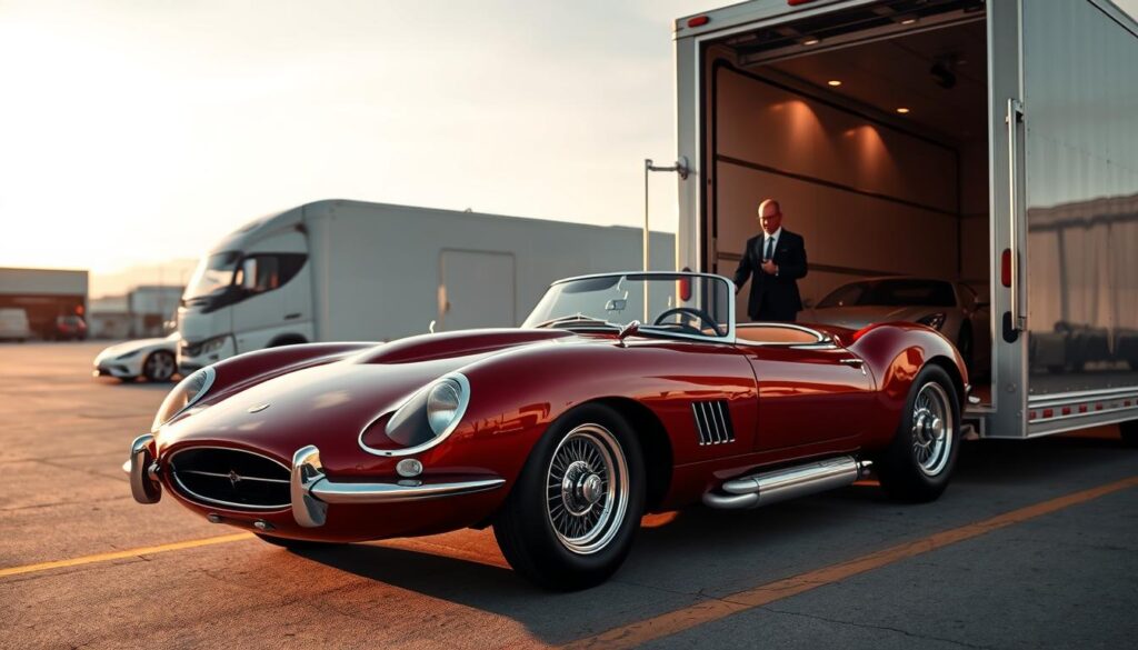 A luxurious classic car transport scene vividly illustrating high-end vehicle transportation services. In the foreground, a gleaming vintage sports car, rich in color with a polished chrome finish, is being carefully loaded onto an elegant enclosed trailer. The middle ground features a professional driver in a sharp uniform, demonstrating meticulous handling, while nearby, additional luxury cars await transport. The background reveals a sprawling, upscale auto transport facility under soft golden hour lighting, casting gentle shadows that evoke a sense of sophistication. The atmosphere is polished and refined, embodying a commitment to quality service in vehicle transportation, with a focus on care and elegance. The image captures an angled perspective to highlight the meticulous process of auto transport, emphasizing professionalism and luxury.