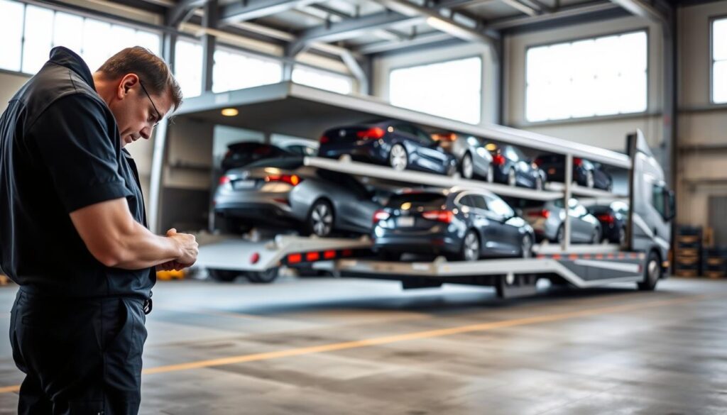 A modern auto transport carrier in a sleek, professional design, parked in a well-lit loading dock area. In the foreground, a diligent technician wearing a crisp, navy blue uniform inspects the carrier's loading mechanisms, exuding a sense of professionalism and expertise. In the middle, several cars of various models are securely loaded onto the carrier, showcasing a range of colors and styles, symbolizing the diversity of auto transport services offered. The background features an industrial setting with soft natural lighting filtering through large windows, highlighting the efficiency of the transport environment. The overall mood is one of reliability and trustworthiness, emphasizing the meticulous nature of the vetting process in auto transport services. A modern auto transport carrier in a sleek, professional design, parked in a well-lit loading dock area. In the foreground, a diligent technician wearing a crisp, navy blue uniform inspects the carrier's loading mechanisms, exuding a sense of professionalism and expertise. In the middle, several cars of various models are securely loaded onto the carrier, showcasing a range of colors and styles, symbolizing the diversity of auto transport services offered. The background features an industrial setting with soft natural lighting filtering through large windows, highlighting the efficiency of the transport environment. The overall mood is one of reliability and trustworthiness, emphasizing the meticulous nature of the vetting process in auto transport services.