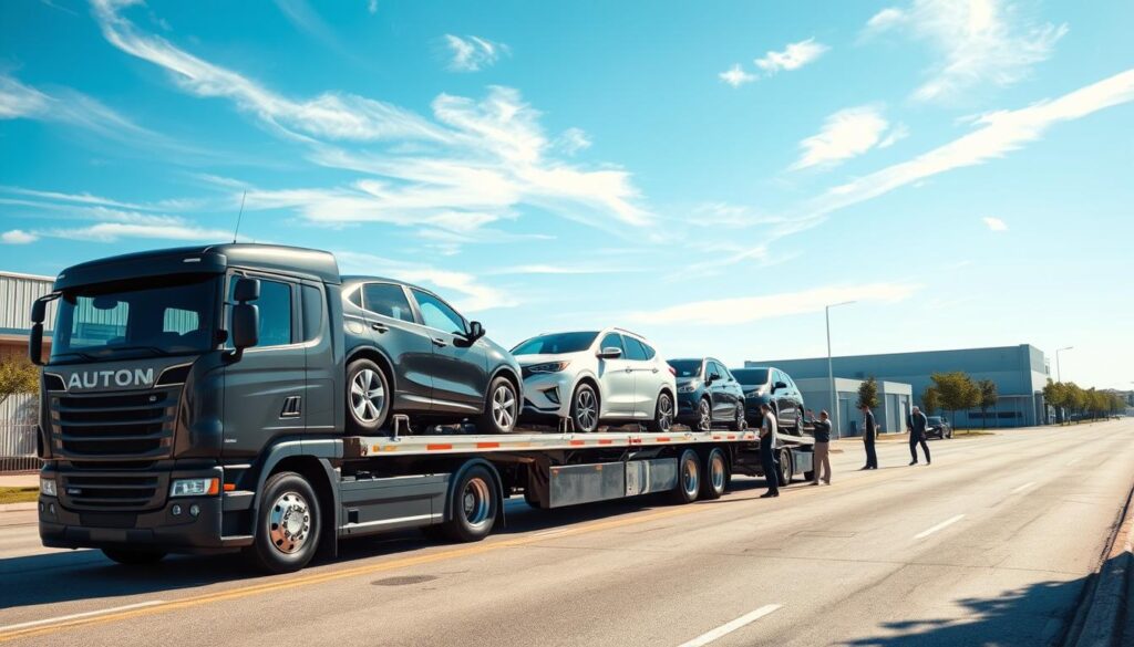 A modern auto transport company scene in Allen Park, Michigan, showcasing a sleek, well-maintained car carrier truck in the foreground, loaded with shiny vehicles. The middle ground features a clean, organized transport yard with professional staff wearing business attire, inspecting vehicles as they prepare for shipping. The background includes a clear blue sky with wisps of clouds and a hint of local infrastructure, such as warehouses or trees lining the street. The image is captured in bright, natural sunlight, using a slightly elevated angle to give a comprehensive view of the scene, conveying a sense of professionalism, reliability, and efficiency in auto transport services. The mood is optimistic and trustworthy, reflecting a commitment to quality service. A modern auto transport company scene in Allen Park, Michigan, showcasing a sleek, well-maintained car carrier truck in the foreground, loaded with shiny vehicles. The middle ground features a clean, organized transport yard with professional staff wearing business attire, inspecting vehicles as they prepare for shipping. The background includes a clear blue sky with wisps of clouds and a hint of local infrastructure, such as warehouses or trees lining the street. The image is captured in bright, natural sunlight, using a slightly elevated angle to give a comprehensive view of the scene, conveying a sense of professionalism, reliability, and efficiency in auto transport services. The mood is optimistic and trustworthy, reflecting a commitment to quality service.