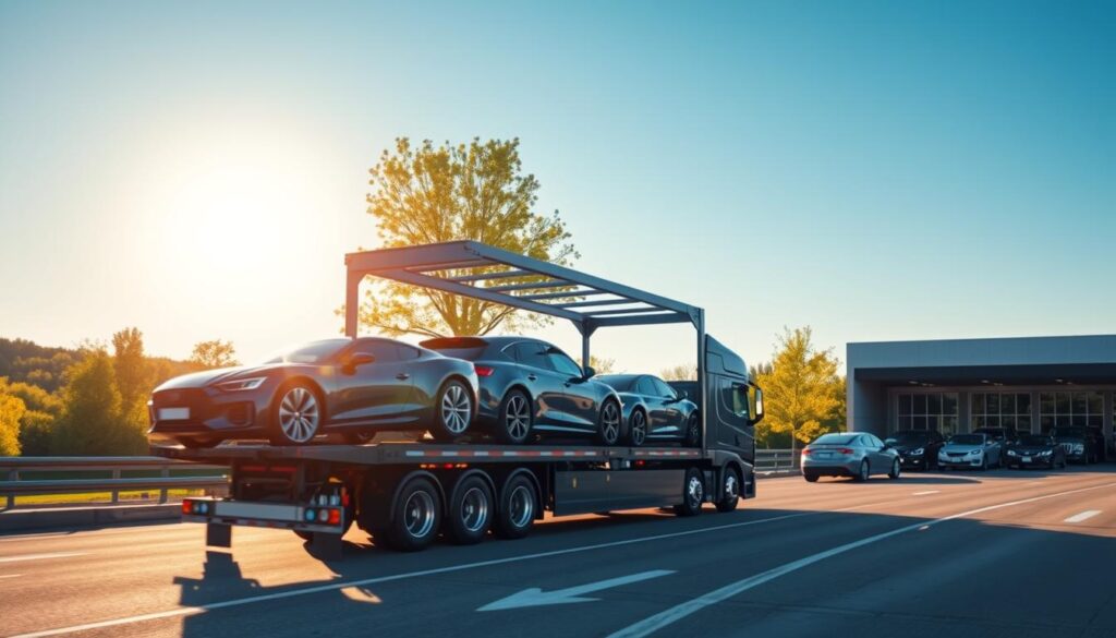 A modern auto transport scene set in Zeeland, Michigan. In the foreground, a sleek car carrier truck loaded with multiple vehicles, showcasing different makes and models, highlighting a professional and efficient car shipping service. The middle ground features a picturesque view of Zeeland’s landscape, with lush green trees and a clear blue sky under bright sunlight, creating a lively atmosphere. In the background, a subtle depiction of a transport facility with neatly organized cars waiting for shipping, enhancing the theme of professionalism. The lighting is warm, emphasizing a positive and reliable vibe, shot from a slightly elevated angle to capture the full scale of the transport operation. The overall mood is one of trust and efficiency in auto transport services.