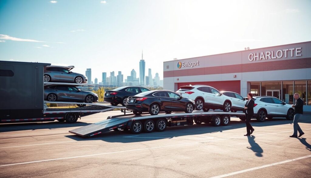 A modern auto transport scene showcasing reliable car shipping services in Charlotte, Michigan. In the foreground, a sleek, open car carrier trailer transporting a vibrant array of vehicles, including sedans and SUVs, showcasing diversity in car makes and models. The middle ground presents a professional, well-organized logistics facility with loading zones, staff in business attire guiding vehicles, and clear signage indicating the service's presence in Charlotte. The background features a picturesque view of the Charlotte skyline under a bright blue sky, hinting at a sunny and welcoming atmosphere. Soft natural lighting casts subtle shadows, enhancing the sense of reliability and professionalism. The composition captures a bustling yet orderly environment, reflecting the efficiency and trustworthiness of the auto transport service.