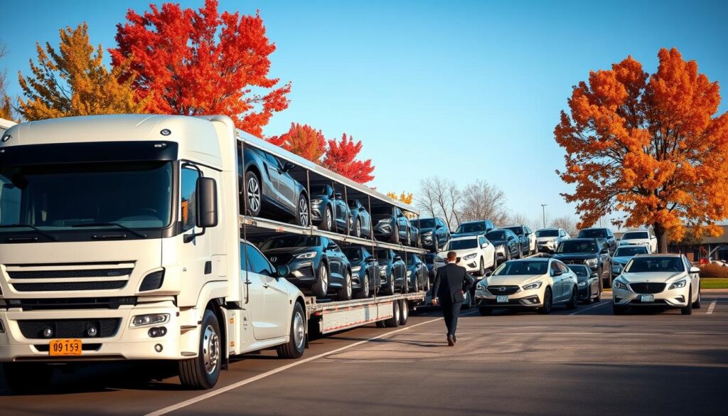 A modern auto transport truck in the foreground, loaded with pristine vehicles ready for shipping. The scene captures a busy auto transport terminal in Owosso, Michigan, with well-organized rows of cars and a sleek transport trailer. In the middle ground, there are professional workers dressed in business attire directing the loading process, ensuring everything runs smoothly. The background features a clear blue sky and the distinctive Michigan autumn foliage, adding vibrant colors. The lighting is bright and natural, enhancing the professionalism of the setting. The overall atmosphere is industrious yet efficient, reflecting a reliable auto transport service in Owosso. The angle is slightly elevated to capture all elements in harmony, showcasing the professionalism of the car shipping industry.