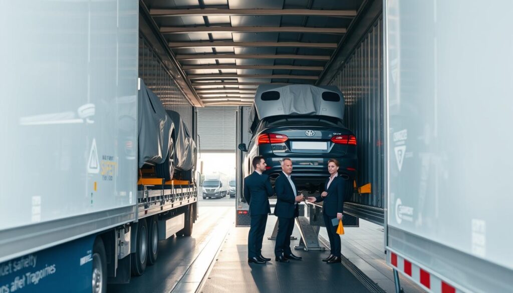 A modern auto transport truck loaded with vehicles, prominently displaying safety features like tie-down straps and protective covers, positioned in the foreground. In the middle ground, a team of professional workers in business attire conducts a detailed inspection of the vehicles, ensuring they are secure and undamaged. The background features a well-organized, secure transport yard with clear signage about vehicle safety and surveillance cameras. Soft daylight filters through, creating a sense of trust and reliability, while the overall mood is focused and professional, emphasizing the commitment to vehicle safety and security. The angle captures the action from a slightly elevated perspective, showcasing both the transport truck and the diligent team. The image should be vibrant yet convey a sense of assurance.