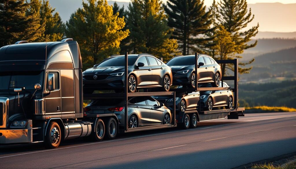 A modern auto transport truck loading shiny cars in a scenic setting in Gladwin, Michigan. In the foreground, the truck is meticulously detailed, showcasing its powerful design and multiple car racks. The middle ground features several diverse vehicles, from sedans to SUVs, securely aligned and ready for shipment, gleaming under the soft afternoon sunlight. The background showcases the beautiful natural landscape of Gladwin, with lush green trees and distant rolling hills, creating a tranquil atmosphere. The lighting is warm, casting gentle shadows that enhance the contours of the vehicles and the truck, while a slight depth of field gives focus to the transport action. The overall mood is professional and efficient, reflecting the reliable service of auto transport.