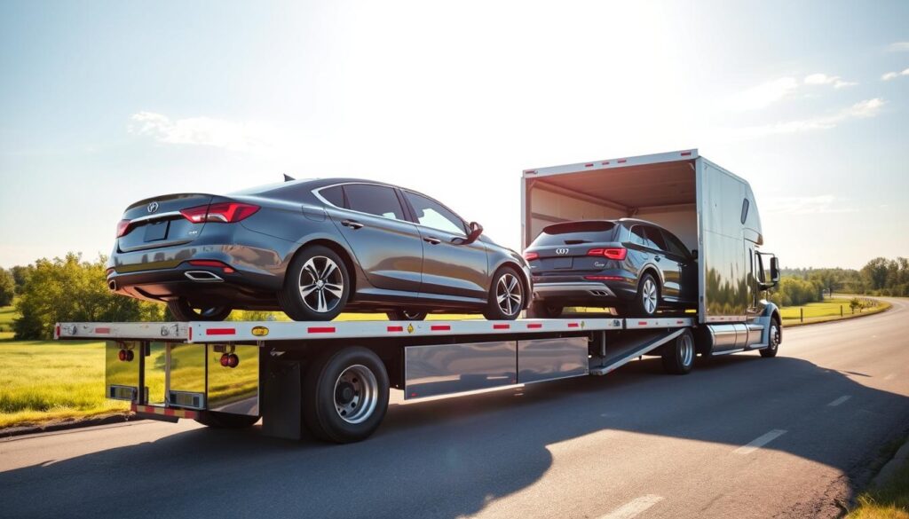 A modern auto transport truck loading various vehicles for shipping in a professional setting. In the foreground, the truck is prominently displayed with two cars gently loaded onto its open trailer, showcasing a sleek sedan and an SUV. In the middle ground, a serene landscape typical of Rogers City, Michigan, with green trees and a peaceful road serving as a backdrop. The sky is clear with soft sunlight illuminating the scene, creating a warm and inviting atmosphere. Capture the details of the truck's shiny exterior and the cars' polished surfaces, highlighting the professionalism of the car shipping industry. Use a slightly elevated angle to give depth, emphasizing both the vehicles and the surrounding environment while maintaining a clean, organized look. No captions or text overlays are included.