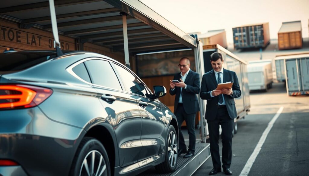 A modern car shipping scene illustrating the safe delivery of vehicles. In the foreground, a glossy, sleek car is securely loaded onto a specialized shipping truck, showcasing the safety features like reinforced straps and padding. The middle ground features professional workers in business attire, carefully inspecting the vehicle with clipboard in hand, emphasizing attention to detail and safety. In the background, an expansive logistics yard with additional shipping containers and trucks is visible under soft, natural daylight, lending an atmosphere of professionalism and reliability. The lens captures a slightly elevated angle for a comprehensive view, highlighting the focus on secure transit, while evoking a sense of trustworthiness and efficiency in auto transport.