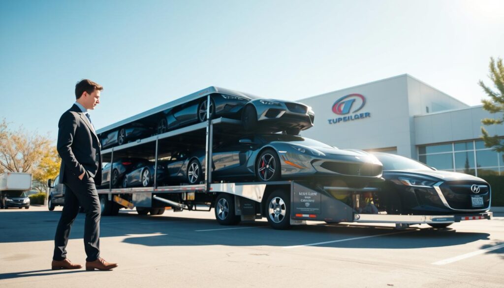 A modern car shipping service in Oak Park, Michigan, showcasing a sleek transport truck loaded with luxury vehicles, parked in a clean, professional lot. In the foreground, a well-dressed employee in a suit is inspecting the cargo, emphasizing professionalism. The middle ground features the transport truck, glistening under bright afternoon sunlight, with a clear blue sky above. The background includes a well-maintained office building with the company logo subtly displayed. Soft shadows fall across the scene to create a warm yet efficient atmosphere. The image should have a crisp depth of field, utilizing a wide-angle lens to capture the entire setting, portraying a sense of reliability and expertise in auto transport services.