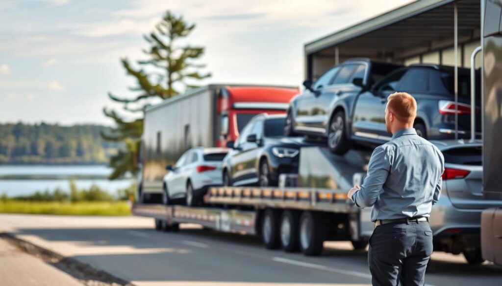 A modern, efficient vehicle relocation solutions scene, featuring various types of vehicles like cars and trucks being loaded onto a transport carrier. In the foreground, a professional in business attire oversees the operation, ensuring everything runs smoothly. The middle ground showcases a large transport truck, expertly maneuvering to load vehicles with precision. The background features a calm Michigan landscape with trees and a clear blue sky, enhancing the sense of tranquility and reliability associated with vehicle transport services. Soft, natural lighting bathes the scene, casting gentle shadows and highlighting the professionalism of the vehicle relocation process. The mood is dynamic yet organized, capturing a seamless blend of automotive logistics and customer service.