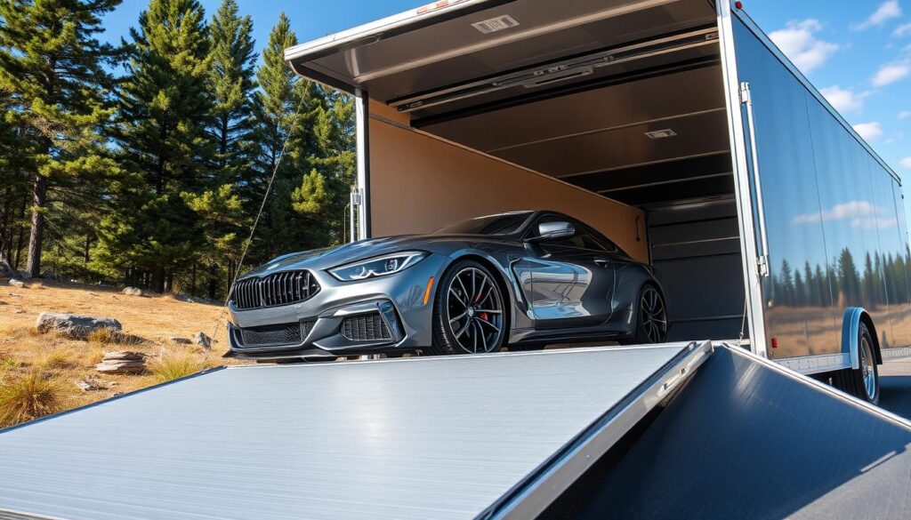 A modern enclosed vehicle transport trailer parked in a serene outdoor setting in Gaylord, Michigan. The foreground features a shiny, recently shipped luxury car peeking out of the trailer, showcasing its sleek curves and polished details. In the middle ground, the transport trailer is prominently displayed, with its structured design and open ramp. The background captures a scenic view of pine trees and blue skies, representing the natural beauty of the region. Soft sunlight bathes the scene, casting gentle shadows and creating a warm, inviting atmosphere. The image should be shot from a slightly elevated angle, focusing on the transport trailer and the vehicle inside, to emphasize the reliability and professionalism of safe vehicle shipping.