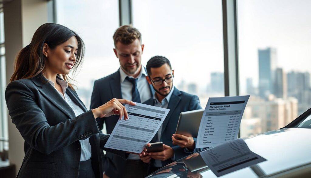 A modern financial office scene, where a diverse group of three professionals analyze a car's value. In the foreground, a confident woman in a business suit points at a detailed spreadsheet showing costs of repairs versus shipping. Beside her, a man in a smart casual outfit examines a sleek tablet with vehicle pricing. In the background, a large window reveals a city skyline under soft natural lighting, casting a professional glow over the workspace. The mood is focused and collaborative, suggesting a strategic decision-making atmosphere. The image composition captures a close-up of their engaged expressions, highlighting the importance of financial factors in automotive decisions.