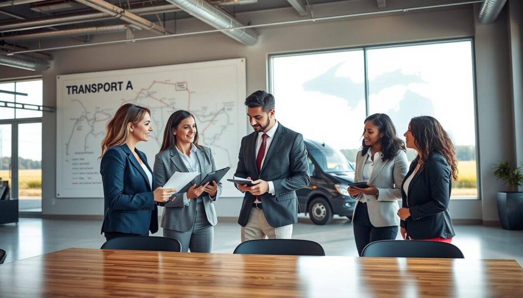 A modern transport company office setting in Grayling, Michigan, featuring a well-organized workspace with a large map of transport routes displayed prominently in the background. In the foreground, a diverse group of three professionals in business attire—one Caucasian woman, one Hispanic man, and one Black woman—are engaged in a friendly discussion, examining paperwork and a tablet. Natural daylight streams through the large windows, enhancing the welcoming atmosphere. The middle ground shows a sleek vehicle, representing reliable auto transport, parked outside with a scenic view of the Michigan landscape beyond. The mood conveys professionalism and trust, ideal for a transport company dedicated to excellent car shipping services.