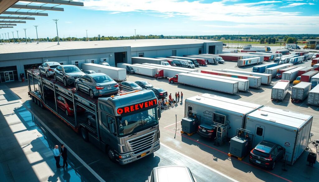 A modern transportation hub showcasing diverse vehicle transport options in Sturgis, Michigan. In the foreground, a sleek, new car carrier truck is loaded with vehicles, displaying a variety of cars in vibrant colors, reflecting sunlight. In the middle ground, a well-organized terminal area features convenience kiosks and waiting areas, with professional staff in business attire assisting customers. The background reveals a clear blue sky, with an expansive view of various transport vehicles, including trailers and shipping containers, all parked harmoniously around the facility. The lighting is bright and cheerful, creating a welcoming atmosphere. Capture this scene from a slightly elevated angle to emphasize the comprehensive transport options available.
