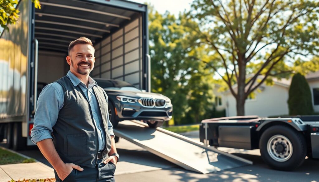 A modern vehicle delivery scene set in Utica, Michigan, showcasing a transport truck unloading a shiny, newly delivered car. In the foreground, a professional driver in a neat uniform stands next to the open truck, inspecting the vehicle with a satisfied expression. The middle ground features the transport truck, its ramp angled downwards, with the sleek car glistening in the daylight. Surrounding the scene are lush green trees and a suburban neighborhood typical of Utica, providing a calm and trustworthy backdrop. The lighting is bright and sunny, casting soft shadows and enhancing the vibrant colors of the vehicles and environment. The angle captures the dynamic action of delivery while conveying a sense of care and commitment to safe transport. The overall atmosphere is welcoming and professional.