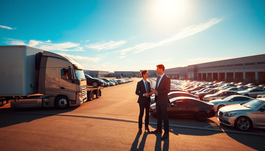 A modern vehicle relocation network scene, showcasing a bustling auto transport hub in Whitehall, Michigan. In the foreground, two professional individuals in business attire discuss logistics beside a sleek car carrier truck, emphasizing their teamwork and expertise. The middle ground features rows of various vehicles neatly organized, highlighting the efficient management of the transportation process. A clear blue sky with soft, golden sunlight bathes the scene, creating a warm and inviting atmosphere. In the background, expansive warehouses and a digital tracking screen display the vehicle relocation network interface, illustrating cutting-edge technology in auto transport. Use a wide-angle lens to capture the depth of the scene while maintaining a bright and optimistic mood. No text or branding elements are included.