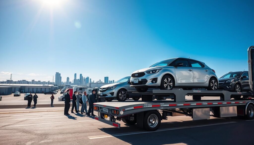 A modern vehicle shipping scene set at a bustling transport terminal in Eastpointe, Michigan. In the foreground, a professional auto transport truck is parked, showcasing multiple cars secured on its flatbed, gleaming under bright daylight. The mid-ground features a diverse team of workers in professional business attire, efficiently loading vehicles and coordinating logistics, creating a sense of teamwork and professionalism. In the background, a vibrant skyline of Eastpointe with warehouses and vehicles in motion adds context to the operation. The lighting is bright and natural, emphasizing the clear blue sky, while a slight lens flare enhances the optimistic atmosphere. The overall mood is dynamic and trustworthy, reflecting a commitment to professional vehicle shipping services.