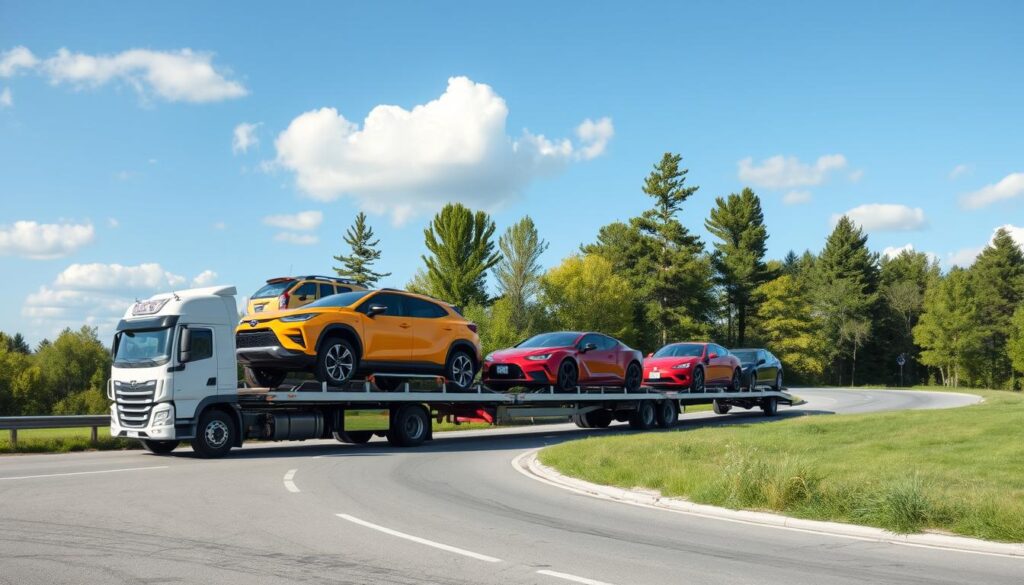 A modern vehicle transport scene featuring a well-organized auto hauler truck in the foreground, loaded with several brightly colored cars, representing a comprehensive hauling solution. In the middle ground, a gently winding road in Oscoda, Michigan, lined with lush greenery and tall trees, enhances the setting, showcasing the natural beauty of the area. The background depicts a clear blue sky with soft, fluffy clouds, evoking a sense of tranquility. The lighting is bright and sunny, casting soft shadows that highlight the vehicles and the truck. The mood is professional and efficient, embodying the essence of reliable car shipping and auto transport services. No human subjects are present, ensuring a clean and focused image that conveys the topic effectively. A modern vehicle transport scene featuring a well-organized auto hauler truck in the foreground, loaded with several brightly colored cars, representing a comprehensive hauling solution. In the middle ground, a gently winding road in Oscoda, Michigan, lined with lush greenery and tall trees, enhances the setting, showcasing the natural beauty of the area. The background depicts a clear blue sky with soft, fluffy clouds, evoking a sense of tranquility. The lighting is bright and sunny, casting soft shadows that highlight the vehicles and the truck. The mood is professional and efficient, embodying the essence of reliable car shipping and auto transport services. No human subjects are present, ensuring a clean and focused image that conveys the topic effectively.