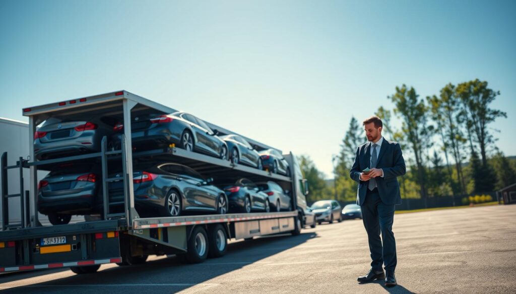 A modern vehicle transport scene featuring a well-organized auto transport truck, loaded with a variety of vehicles including sedans and SUVs, parked in a logistics yard in Kalkaska, Michigan. In the foreground, a professional driver in a smart business attire inspects the vehicles, highlighting the importance of diligence in vehicle shipping. The middle ground showcases the sturdy transport truck with its protective features, conveying safety and care. In the background, a clear blue sky contrasts with the green trees typical of the Michigan landscape, creating an atmosphere of reliability and professionalism. Soft daylight illuminates the scene from the left, enhancing the colors and creating a bright, inviting mood. This detailed portrayal emphasizes the significance of professional vehicle transportation.