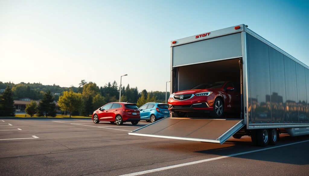 A modern vehicle transport scene showcasing a reliable car shipping process in Brighton, Michigan. In the foreground, a sleek, shiny transport truck is unloading a collection of cars, including a red sedan, a blue SUV, and a silver hatchback, onto an open lot. The middle ground features a neatly organized parking area with well-maintained vehicles ready for shipment. In the background, iconic Brighton landscapes with green trees and a clear blue sky enhance the setting, capturing a sense of tranquility and safety. Soft, natural lighting creates an inviting and professional atmosphere, while a slightly angled view from a low perspective emphasizes the scale of the transport truck. No people are present in the image, creating a clean and focused visual on the transport process.