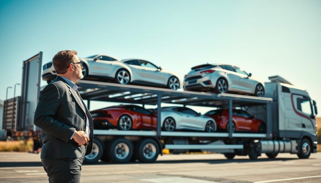 A modern vehicle transport service scene showcasing a diverse range of cars being loaded onto a multi-level car carrier truck. In the foreground, a professional driver in smart casual attire supervises the process, ensuring safety and efficiency. The middle ground features the truck with an array of vehicles, including sedans, SUVs, and sports cars, neatly arranged on the transport levels. The background displays a clear blue sky, adding brightness and an optimistic feel to the image. Soft, natural lighting emphasizes the shiny surfaces of the vehicles while creating gentle shadows for depth. This composition conveys professionalism and reliability, suitable for illustrating comprehensive vehicle transportation services in Ferndale, Michigan.