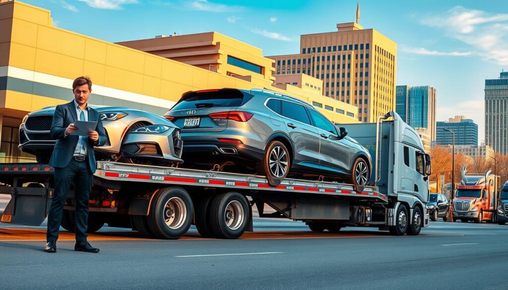 A modern vehicle transport service scene showcasing a well-maintained truck trailer loaded with multiple cars, positioned in a busy Birmingham, Michigan urban environment. In the foreground, a professional driver in business attire stands confidently beside the truck, inspecting the vehicles with a clipboard. The middle ground features a diverse range of cars, including a sleek sedan and an SUV, securely strapped on the trailer. In the background, an iconic Birmingham cityscape can be seen, with minimalistic architectural details under a bright blue sky. Warm, natural lighting highlights the scene, creating an inviting atmosphere that emphasizes professionalism and reliability in auto transport services. The image captures a busy yet organized environment, reflecting the essence of quality vehicle transport.