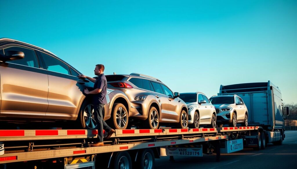A modern vehicle transportation service in action, showcasing a fleet of diverse vehicles, including cars, trucks, and SUV, neatly lined up on a flatbed transport trailer. In the foreground, a professional driver in a smart uniform inspects a vehicle, demonstrating attention to detail and care. The middle ground features the transport truck, highlighting its robust design and capabilities, with polished chrome and vibrant company branding. In the background, a clear blue sky and hints of the Van Buren Township landscape create a serene and trustworthy atmosphere. Soft, natural lighting enhances the clarity of the scene while casting gentle shadows, emphasizing reliability and professionalism. The composition captures a sense of efficiency and safety in vehicle transport, with a focus on teamwork and customer satisfaction.