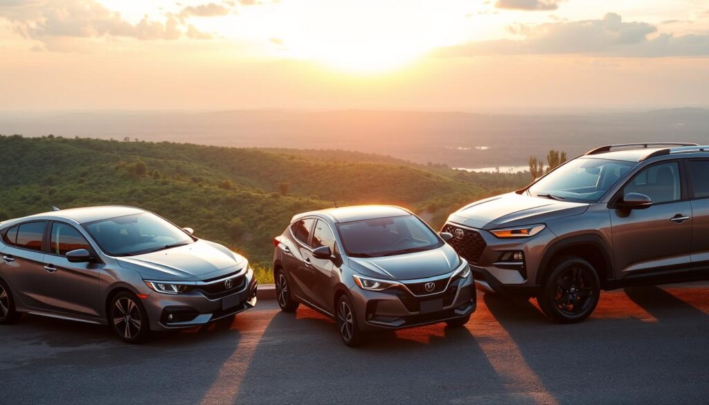 A montage of three fuel-efficient cars parked side by side on a scenic overlook, with a lush green landscape in the background. The foreground features a sleek, modern sedan with aerodynamic lines, a compact hatchback with innovative design, and a hybrid SUV showcasing its eco-friendly credentials. The lighting is warm, suggesting a sunset that casts a golden hue, highlighting the cars’ features and making them sparkle. Capture the scene from a slight low angle, emphasizing the vehicles’ sleek profiles against a vibrant sky. The atmosphere is optimistic and inviting, inspiring a sense of adventure and eco-conscious driving. No humans in the scene, just a serene view focused entirely on the cars.