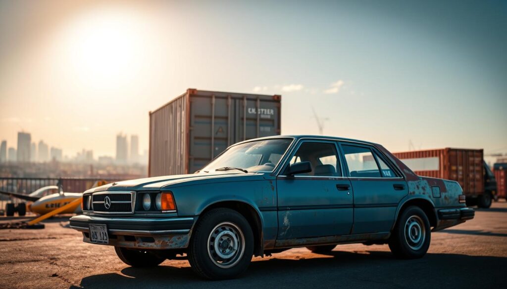 A non-running vehicle, specifically an older model sedan, parked prominently in the foreground. The car is slightly rusty, with vibrant details reflecting its weathered state, like peeling paint and flat tires. In the middle ground, a shipping container looms, hinting at the process of transporting vehicles. The background features a sunny, clear sky with a distant view of a bustling city skyline, showcasing a contrast between urban life and the stillness of the non-operational car. The lighting is warm, casting soft shadows and enhancing the car's textures, while a slight angle from below captures the car's profile, making it the focal point of the scene. The atmosphere is one of contemplation, conveying the challenges and considerations involved in shipping a non-running vehicle.