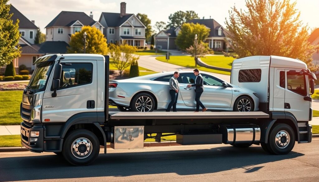 A pristine delivery truck parked in a sunny, suburban Northville setting, showcasing an immaculate vehicle secured on its flatbed. In the foreground, the truck has clear, reflective surfaces that highlight its professionalism and attention to detail. The middle ground features a team of two well-dressed professionals, examining the delivered vehicle with care and precision, wearing business attire. In the background, a picturesque view of Northville's residential area with neatly trimmed lawns and blooming trees adds tranquility to the scene. Soft, warm sunlight bathes the entire image, creating a welcoming and safe atmosphere. The focus is on the vehicle with a shallow depth of field, ensuring that the delivery process is the centerpiece, conveying a message of safety and reliability in vehicle delivery.