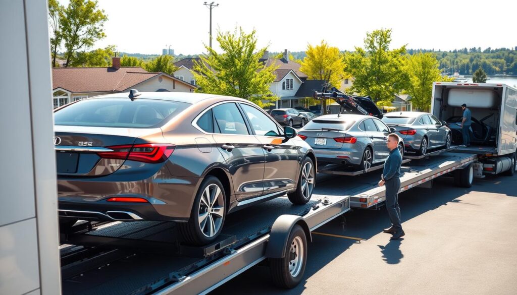 A professional and reliable car shipping service depicted in a bustling auto transport yard in Charlevoix, Michigan. In the foreground, a gleaming, multi-colored car on a trailer, showcasing a well-organized loading process, with a focused employee in professional attire supervising. The middle ground features additional cars being carefully loaded and unloaded, with transport trucks parked nearby, all under bright, natural sunlight that enhances the scene's clarity. In the background, the charming landscape of Charlevoix can be seen, with green trees and a hint of the waterfront, adding local flavor. The atmosphere feels organized and efficient, conveying a sense of trust and professionalism in auto transport services. The image captures a busy but calm operational vibe, emphasizing reliability and care in vehicle handling.