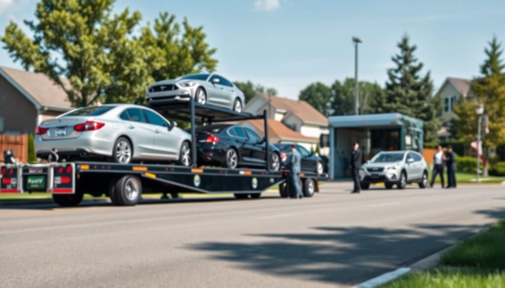 A professional auto transport company scene set in Inkster, Michigan. In the foreground, a sleek, modern car carrier truck is parked, showcasing a variety of vehicles securely loaded, including sedans and SUVs. The middle ground features a well-maintained auto transport facility, with professionals in business attire inspecting vehicles and engaging in discussion. The background highlights the local landscape, with suburban homes and trees under a clear blue sky. The scene is illuminated by soft, natural sunlight emphasizing the professionalism and efficiency of the operation. The perspective is slightly angled, giving depth, as if viewed from across the street, creating an inviting and trustworthy atmosphere. No text, captions, or human subjects with inappropriate attire.