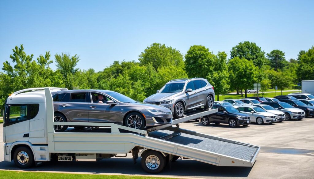 A professional auto transport company setting in Ypsilanti, Michigan. In the foreground, a sleek, modern car carrier truck is loading several luxury vehicles, showcasing a diverse selection including sedans and SUVs. The middle ground features a well-organized lot with additional vehicles ready for transport. In the background, lush green trees and a clear blue sky create a calm, inviting atmosphere. The scene is illuminated by bright, natural sunlight, enhancing the vehicles' gleam. The image is shot from a slightly elevated angle, providing a comprehensive view of the entire operation. The mood is efficient and reassuring, embodying trust and professionalism in auto transport services.