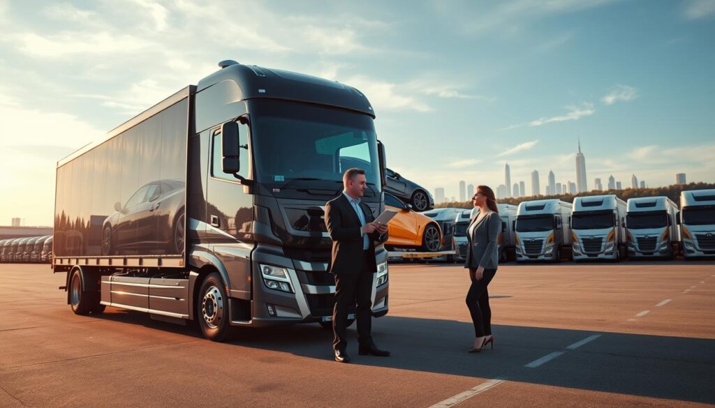 A professional auto transport company setting in Ypsilanti, Michigan. In the foreground, a sleek, modern car transport truck, loaded with luxury vehicles, showcasing a range of vibrant colors. The driver, a middle-aged man in a smart uniform, stands beside the truck, holding a clipboard while discussing transport details with a client, a woman in business attire. In the middle ground, the truck is parked in an open, spacious lot filled with other transport trucks, all well-maintained, with the horizon showing the silhouette of the Ypsilanti skyline. In the background, a clear blue sky with soft clouds enhances the atmosphere of professionalism. The image has warm, natural lighting, resembling early morning or late afternoon, creating an inviting and reliable mood.