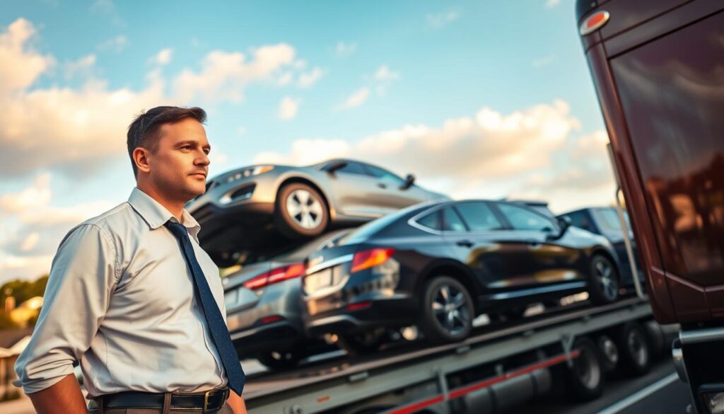 A professional auto transport scene in Allen Park, Michigan, featuring a shiny, well-maintained transport truck loaded with multiple vehicles, including sedans and SUVs. In the foreground, a skilled truck driver, dressed in smart business attire, inspects the secured cars with a focused expression. The middle ground showcases a clear blue sky with soft clouds and a hint of greenery typical of suburban America. In the background, a welcoming view of the town with recognizable landmarks can be seen, illustrating a sense of community and reliability. The lighting is warm and inviting, suggesting a bright, sunny day. The mood is professional and efficient, reflecting the essence of trustworthy car shipping services. Capture the angle slightly from below to emphasize the transport truck's imposing presence while keeping the scene well-composed and balanced.