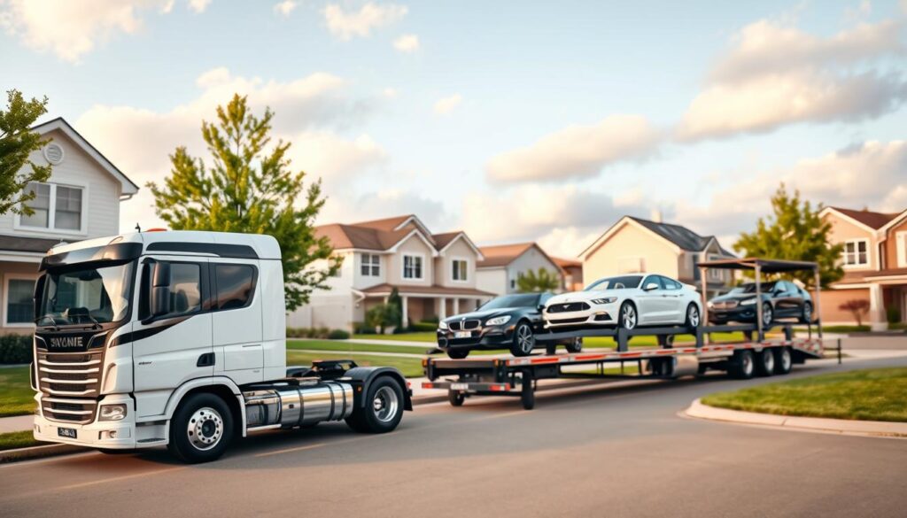 A professional auto transport scene in Garden City, Michigan, featuring a sleek car carrier truck elegantly parked in a suburban area. In the foreground, focus on well-maintained vehicles securely loaded on the transport truck. In the middle ground, include clean, modern homes with manicured lawns, reflecting a typical serene neighborhood. The background may show a clear blue sky with soft, fluffy clouds, indicating a pleasant day. Use warm, natural lighting to create a welcoming atmosphere. The angle should be slightly elevated, capturing both the truck and the houses, giving a sense of community and reliability. Aim for a clean, professional look, devoid of any distractions or text overlays.
