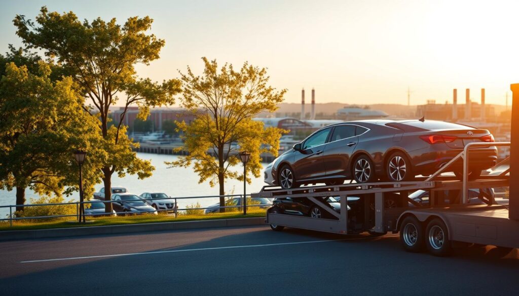 A professional auto transport scene in Muskegon, Michigan, showcasing a reliable car shipping service. In the foreground, a modern car carrier truck is parked, with several well-secured cars loaded onto it, highlighting the safety and professionalism of the service. Midground features a scenic view of Muskegon’s waterfront, with lush trees and clear skies, symbolizing trust and reliability. In the background, soft-focus industrial buildings and a bustling harbor are visible, suggesting the car shipping industry's infrastructure. The lighting is warm and inviting, with the sun setting, creating a golden hour glow that enhances the sense of security and professionalism. The atmosphere is calm and efficient, capturing the essence of dependable auto transport services.