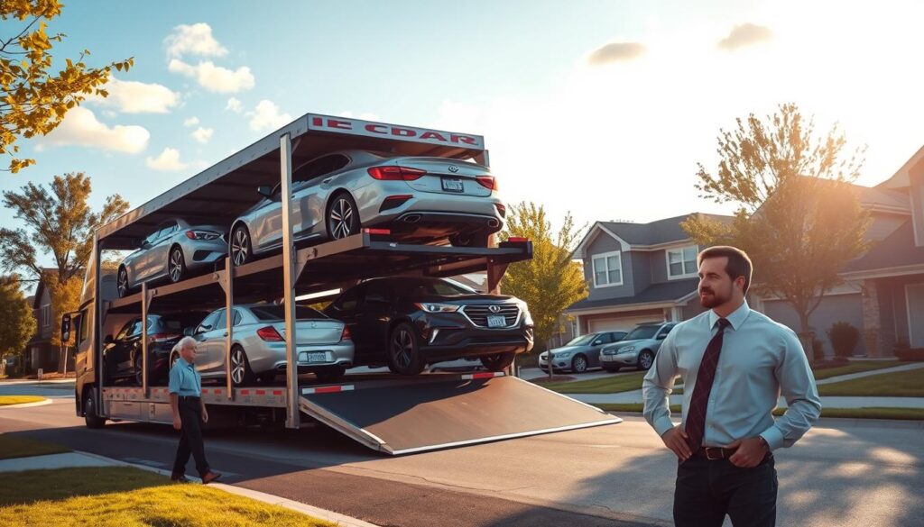 A professional auto transport scene in Southgate, Michigan, featuring an open car carrier truck loaded with various vehicles, showcasing sleek sedans and SUVs. In the foreground, a skilled driver in business attire stands next to the truck, discussing logistics with a satisfied customer. The middle ground includes the car carrier actively maneuvering through a suburban neighborhood, adorned with leafy trees and modern homes, bathed in warm, late afternoon sunlight for a golden tone. In the background, soft clouds scatter across a blue sky. The overall atmosphere is one of professionalism and trust, highlighting the efficiency and reliability of car shipping services in this area. The image captures a moment of interaction, emphasizing customer service in the auto transport industry.