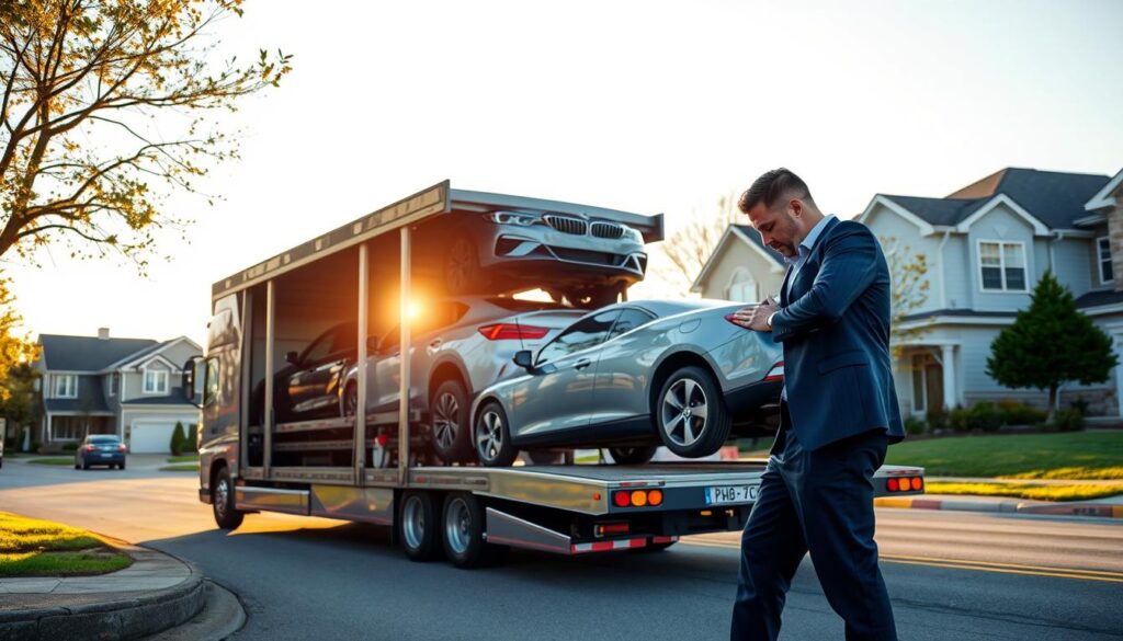 A professional auto transport scene in Sterling Heights, Michigan, featuring an open car carrier truck loaded with various vehicles, showcasing a sleek sedan and an SUV. In the foreground, an experienced auto transport driver in business attire inspects the loaded vehicles, conveying a sense of professionalism and care. The middle of the image captures the truck parked strategically on a suburban street, surrounded by well-maintained houses and trees, with light golden hour sunshine illuminating the scene, casting soft shadows. In the background, a clear blue sky adds to the serene atmosphere, enhancing the sense of reliability and trust in car shipping services. The overall mood is one of professionalism and efficiency, perfect for highlighting auto transport services in the area. A professional auto transport scene in Sterling Heights, Michigan, featuring an open car carrier truck loaded with various vehicles, showcasing a sleek sedan and an SUV. In the foreground, an experienced auto transport driver in business attire inspects the loaded vehicles, conveying a sense of professionalism and care. The middle of the image captures the truck parked strategically on a suburban street, surrounded by well-maintained houses and trees, with light golden hour sunshine illuminating the scene, casting soft shadows. In the background, a clear blue sky adds to the serene atmosphere, enhancing the sense of reliability and trust in car shipping services. The overall mood is one of professionalism and efficiency, perfect for highlighting auto transport services in the area.