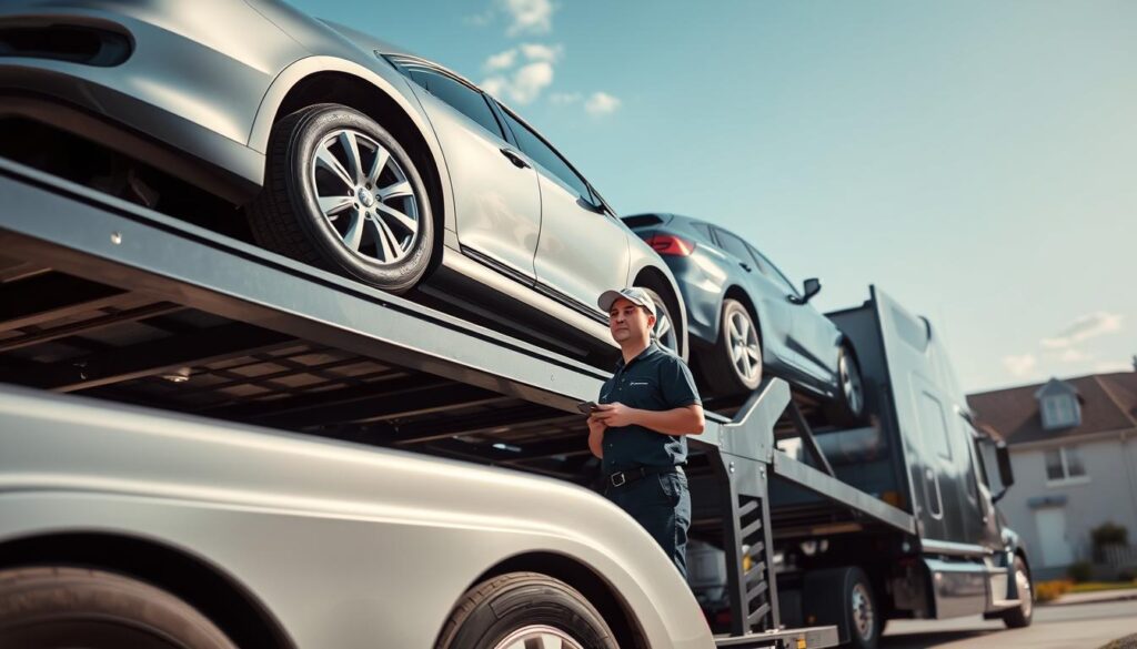 A professional auto transport scene set in Hamtramck, Michigan, featuring a sleek, modern car carrier truck in the foreground, showcasing its capacity to safely transport vehicles. The truck is parked in front of a suburban home, with several pristine cars loaded on its upper deck. In the middle ground, a professional driver wearing a polo shirt and cap inspects the cargo securely tied down, emphasizing reliability and care. The background captures a sunny day with clear blue skies, enhancing a sense of trust and professionalism. Soft natural lighting highlights the vehicles' glossy finishes, while the angle is slightly low to showcase the truck's impressive height and the quality of service provided. The overall mood is one of efficiency and dependability, ideal for illustrating premier car shipping services.