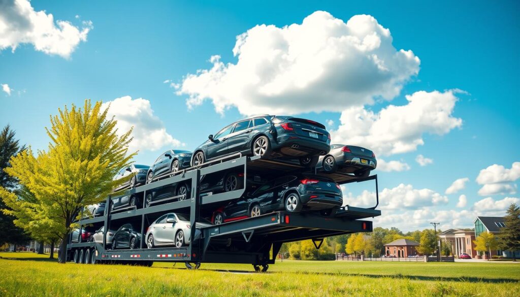 A professional auto transport scene set in Mason, Michigan, showcasing a variety of vehicles being loaded onto a large car carrier in the foreground. The car carrier, gleaming under bright, natural sunlight, displays a mix of sedans, SUVs, and trucks, all neatly arranged. In the middle ground, a green landscape with iconic Michigan trees adds a touch of nature, while a peaceful blue sky dotted with fluffy clouds enhances the tranquil atmosphere. The background features a glimpse of the local architecture typical of Mason, blending modern and historical elements. Capture the scene using a slightly angled perspective to emphasize the height of the car carrier, with vibrant colors and sharp details to evoke a sense of reliability and professionalism in auto transport.