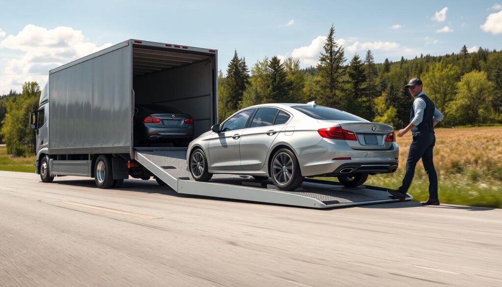 A professional auto transport scene set in Standish, Michigan. In the foreground, a clean, modern car carrier truck is loading a shiny sedan, demonstrating reliable car shipping services. The middle ground features a friendly driver in a neat uniform, assisting with the loading process, illustrating professionalism and care. In the background, a picturesque Michigan landscape with green trees and a clear sky enhances the sense of tranquility and reliability. The lighting is bright and natural, suggesting a sunny day, with soft shadows for depth. The angle is slightly elevated, providing a comprehensive view of the truck and car, evoking a mood of trust and efficiency in auto transport services.