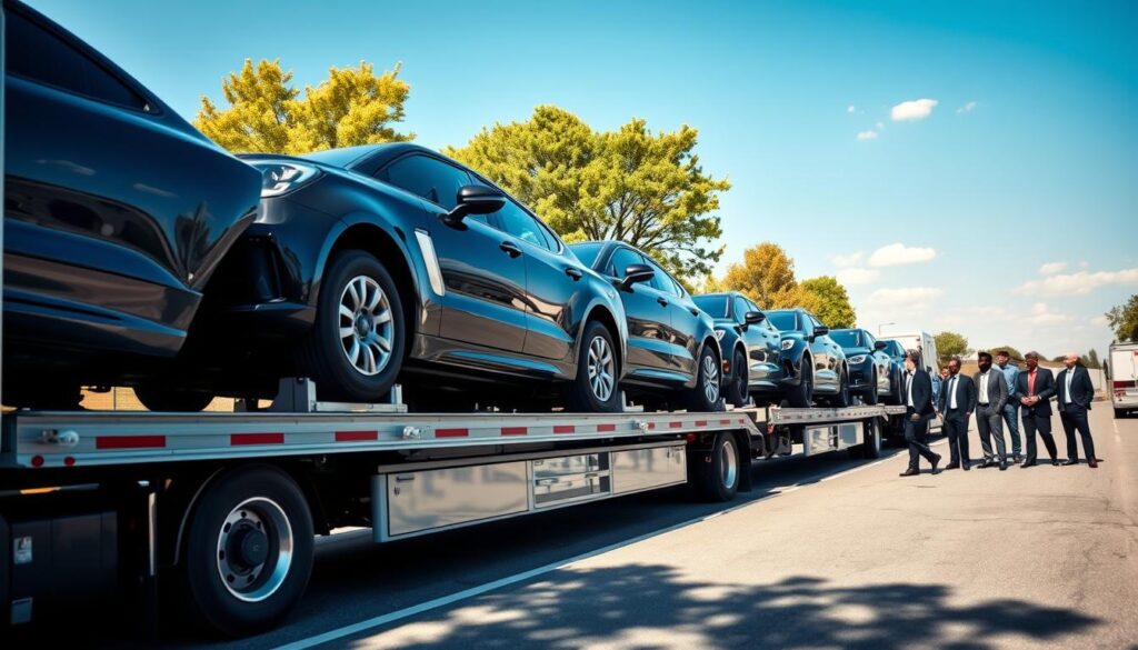 A professional auto transport scene showcasing a fleet of vehicles being loaded onto a car carrier truck. In the foreground, the truck is prominently displayed with shiny, well-maintained cars secured on its flatbed. In the middle ground, a diverse team of individuals in business attire is coordinating the loading process, demonstrating teamwork and professionalism. The background features a sunny day in Redford, Michigan, with lush trees and a clear blue sky, conveying a sense of reliability and trust. The lighting is bright and inviting, capturing the essence of an efficient vehicle transportation service. The angle is slightly from below, emphasizing the truck and cars, highlighting the scale of the operation. The overall mood is industrious and trustworthy, reflecting the commitment to quality service. A professional auto transport scene showcasing a fleet of vehicles being loaded onto a car carrier truck. In the foreground, the truck is prominently displayed with shiny, well-maintained cars secured on its flatbed. In the middle ground, a diverse team of individuals in business attire is coordinating the loading process, demonstrating teamwork and professionalism. The background features a sunny day in Redford, Michigan, with lush trees and a clear blue sky, conveying a sense of reliability and trust. The lighting is bright and inviting, capturing the essence of an efficient vehicle transportation service. The angle is slightly from below, emphasizing the truck and cars, highlighting the scale of the operation. The overall mood is industrious and trustworthy, reflecting the commitment to quality service.