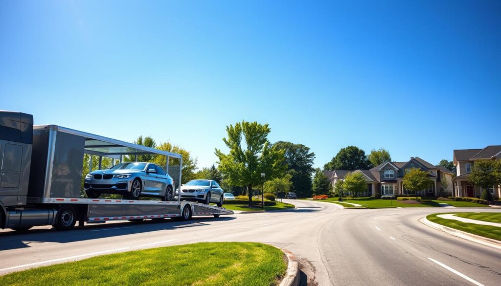 A professional auto transport scene showcasing a vetted carrier network in Grosse Pointe Farms, Michigan. In the foreground, a sleek, modern auto transport truck is parked, with a few pristine vehicles securely loaded on the trailer. In the middle ground, lush greenery and well-maintained roads reflect the suburban charm of Grosse Pointe Farms, while a clear blue sky creates a bright, inviting atmosphere. In the background, tasteful residential homes line the streets, illustrating the local community. The sunlight bathes the scene in warm tones, highlighting the professionalism and reliability of the transport services. Use a wide-angle lens to capture the full essence of the setting, emphasizing a sense of trust and quality service.