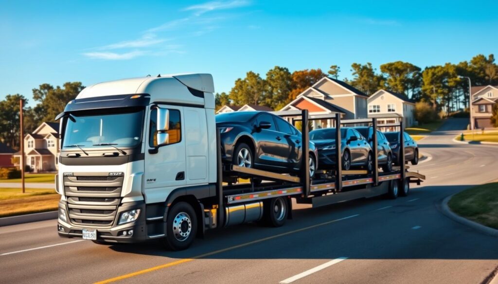 A professional auto transport service in action, showcasing a modern car carrier truck loaded with sleek vehicles ready for shipment. In the foreground, a clean and well-maintained truck is prominently displayed, with polished vehicles securely strapped down. In the middle ground, a bright and bustling Van Buren Township setting captures several residential homes and a clear blue sky, emphasizing a sense of community. The background features trees and distant roads, adding depth. Use warm lighting to create a welcoming atmosphere, and focus on a slightly angled view that showcases the truck's impressive scale. The overall mood should convey efficiency, professionalism, and reliability in auto transport services. No text or overlays included.