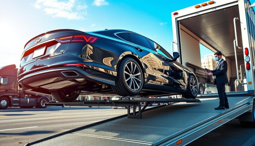 A professional auto transport service operating in Lansing, Michigan. In the foreground, a sleek, shiny car is being loaded onto a modern open car carrier truck, with a skilled technician in professional attire guiding the process. The middle ground features the truck with its ramp extended, showcasing the car being carefully secured, with attention to detail on the straps and loading mechanism. The background reveals a vibrant Lansing street scene, featuring a clear blue sky and recognizable city landmarks, creating a sense of location. The lighting is bright and natural, emphasizing professionalism and reliability. The mood conveys trust and efficiency, ideal for an auto transport service, with an emphasis on safety and care in vehicle handling.