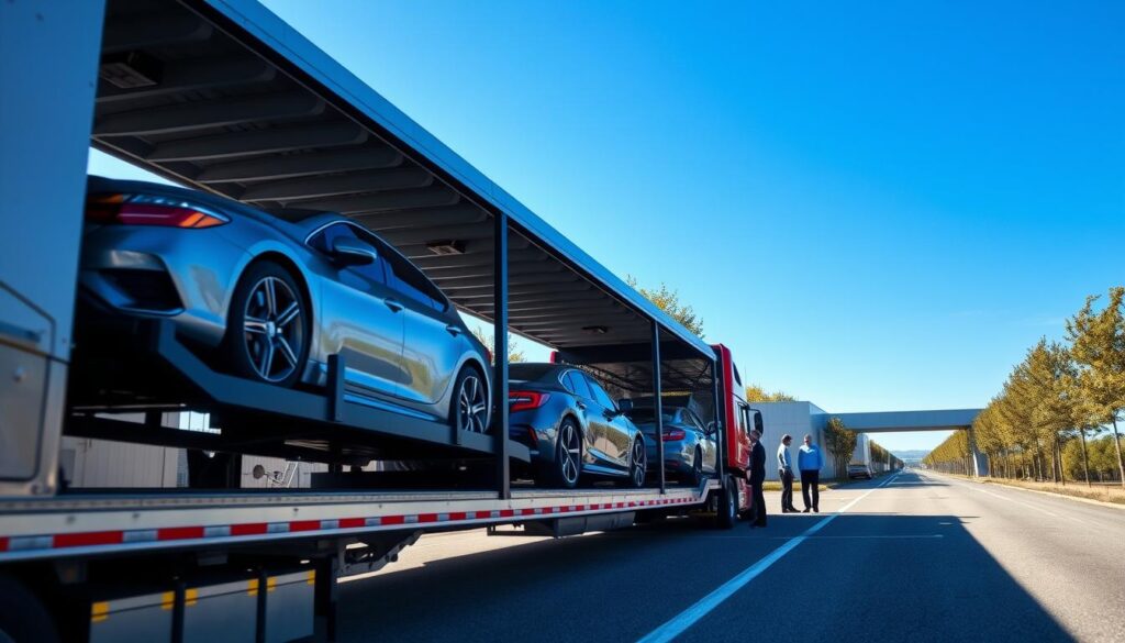 A professional auto transport service scene set in Howell, Michigan. In the foreground, a sleek car carrier truck is showcased, meticulously loaded with various vehicles, including sedans and SUVs, secured for transport. The middle ground features a modern auto transport facility with staff in smart uniforms, discussing logistics and inspecting vehicles. In the background, a clear blue sky creates a bright atmosphere, with trees lining the road leading to the facility, suggesting a serene, efficient operational setting. The lighting is bright and natural, enhancing the professionalism of the scene. Capture the mood of reliability and expertise, emphasizing the seamless process of car shipping and auto transport services.