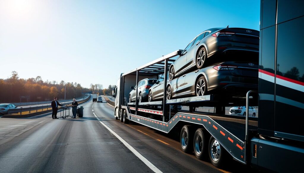 A professional auto transport service scene set in Livonia Township, Michigan. In the foreground, a sleek, modern car carrier truck with several vehicles delicately loaded and secured, showcasing diverse car models. The middle ground features a well-organized logistics facility with workers in professional business attire discussing shipping plans, surrounded by office equipment and auto transport tools. In the background, the scenic Michigan landscape with clear blue skies complements the main focus, with trees and a distant highway. Soft sunlight casts a warm glow, illuminating the efficient atmosphere of a reliable auto transport hub. Use a wide-angle lens to capture depth, emphasizing the commitment to high-quality service and professionalism.
