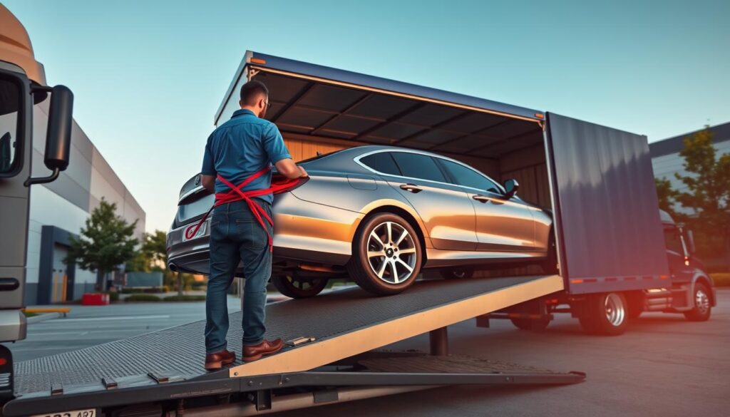 A professional auto transport truck loading a shiny sedan in an industrial setting in Kentwood, Michigan. In the foreground, the truck driver, dressed in a blue shirt and work pants, is carefully securing the vehicle with straps. The middle section features the ramp of the truck with a pair of gleaming cars ready for transport. In the background, a clear blue sky contrasts with the modern warehouse and greenery typical of Kentwood. The lighting is warm and inviting, with a soft sunset glow casting long shadows. The scene conveys reliability and professionalism, reflecting an efficient car shipping service. The angle is slightly elevated, providing a comprehensive view of the operation while maintaining a clean, organized composition without any text or distractions.