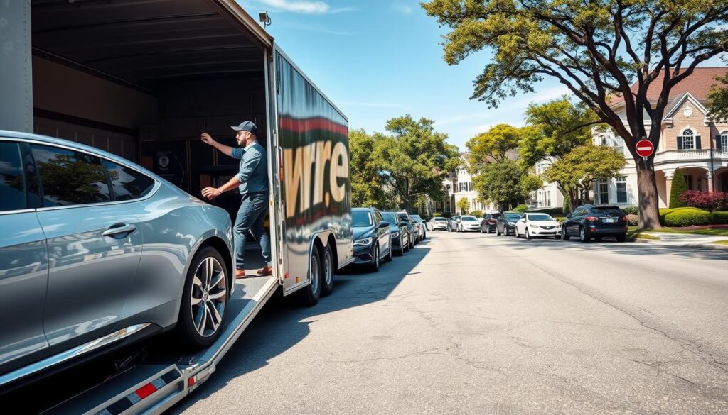 A professional car shipping and auto transport scene in Grosse Pointe Woods, Michigan. In the foreground, a sleek, shiny car is being loaded onto an enclosed auto transport truck by a well-dressed worker wearing a uniform. The middle ground features a fleet of various vehicles, showcasing different types of cars, all neatly aligned and ready for transport, with the truck's ramp angled down for loading. The background highlights a picturesque street lined with elegant, tree-filled residential homes typical of Grosse Pointe Woods, under a clear blue sky. Soft, natural lighting casts gentle shadows, enhancing the serene and professional atmosphere of the scene. The composition captures a sense of efficiency and reliability in car transport services.