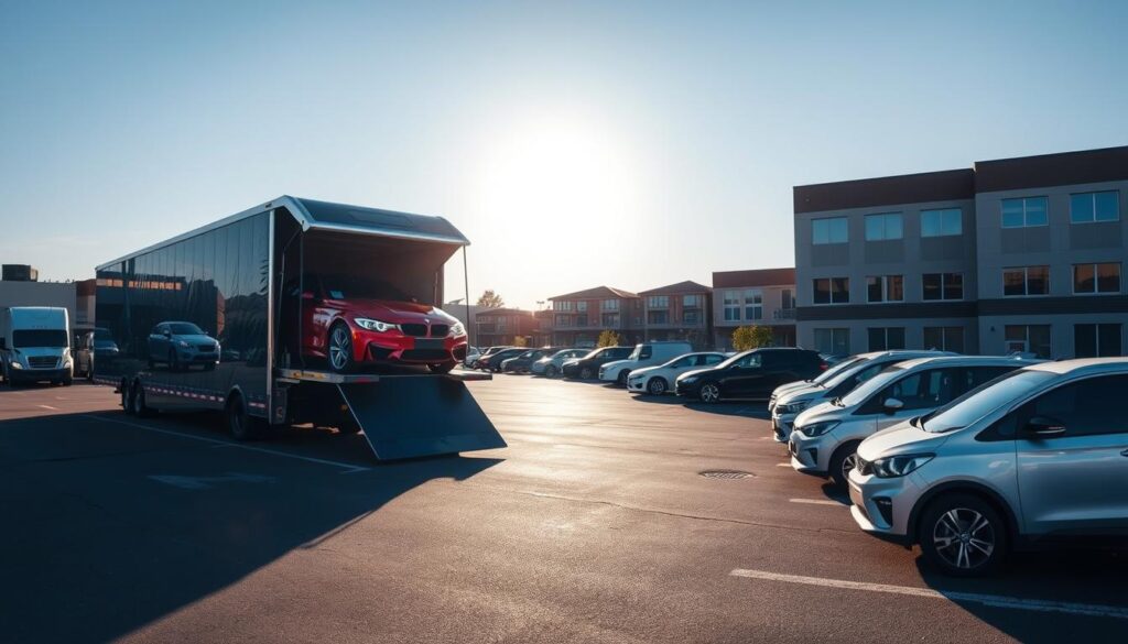 A professional car shipping and auto transport scene set in Ferndale, Michigan. In the foreground, a sleek, modern auto transport truck is loading a luxury car, reflecting bright sunlight, showcasing sharp details like chrome and vibrant paint. The middle ground features a parking lot filled with various vehicles, each marked with subtle branding associated with car transport services. In the background, a clear blue sky looms over well-kept buildings typical of Ferndale. The atmosphere is industrious yet tranquil, with soft natural lighting highlighting the professionalism of the car shipping industry. The scene captures a sense of reliability and efficiency, devoid of human figures but conveys teamwork through the arrangement of vehicles.
