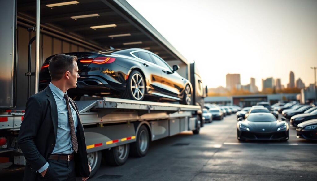 A professional car shipping scene in Ann Arbor, Michigan, featuring a sleek, modern transport truck loading luxury cars. In the foreground, a well-dressed logistics coordinator inspects the vehicles, dressed in business attire, demonstrating professionalism. The middle ground showcases a shiny black car being carefully driven onto the truck's ramp, with secure strapping systems visible, ensuring safety during transport. The background highlights a busy automotive yard under soft, natural lighting of late afternoon, with the iconic Ann Arbor skyline faintly visible. The mood should be efficient and reliable, capturing the essence of professional car shipping while emphasizing attention to detail and care in the auto transport process. The image should have a slight depth of field, focusing on the transport truck while gently blurring the background for a polished finish.